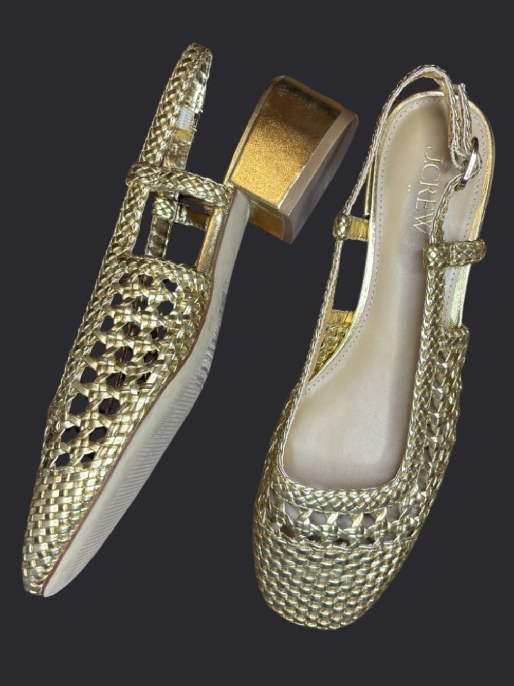 J.Crew Gold Woven Leather Huarache Slingback Block Heel Sandals Size 7